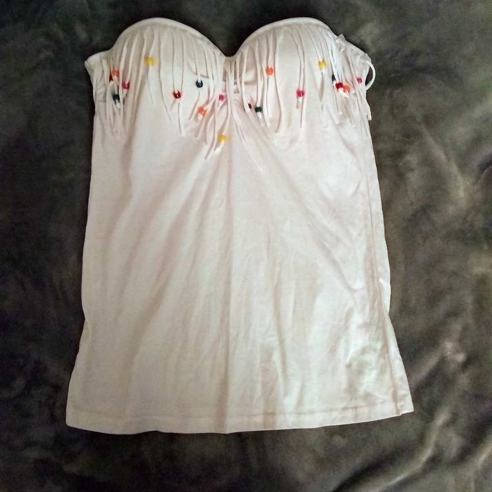Fun retro bead fringe baendo/strapless top